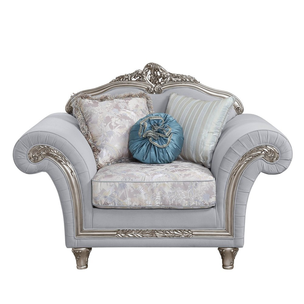 62" Light Gray and Platinum Linen Floral Club Chair And Toss Pillows