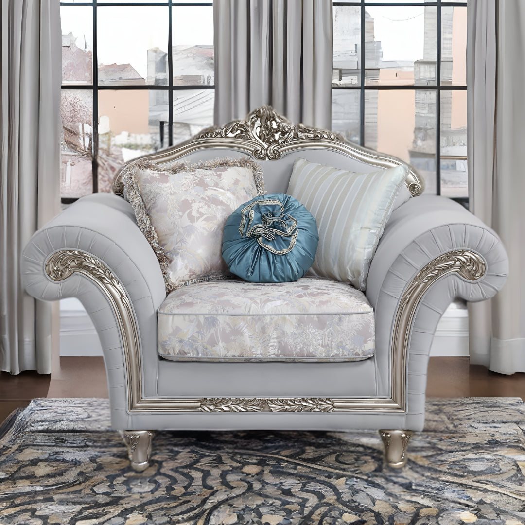 62" Light Gray Linen And Platinum Floral Club Chair