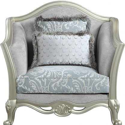 44" Light Gray Linen And Champagne Floral Arm Chair