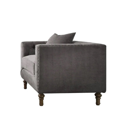 41" Gray And Brown Velvet Tufted Arm Chair And Toss Pillow