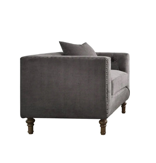 41" Gray And Brown Velvet Tufted Arm Chair And Toss Pillow