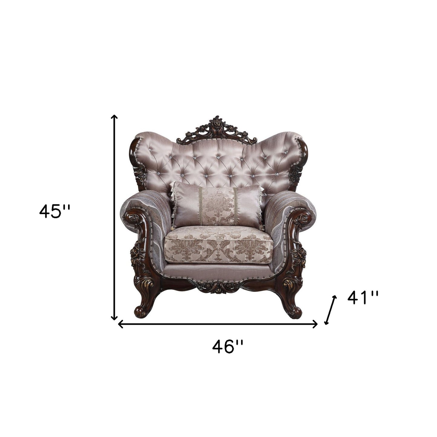 46" Light Gray Fabric And Antique Oak Floral Tufted Arm Chair