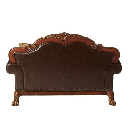 46" Brown and Cherry Blossom Pink Faux Leather Floral Tufted Arm Chair And Toss Pillow