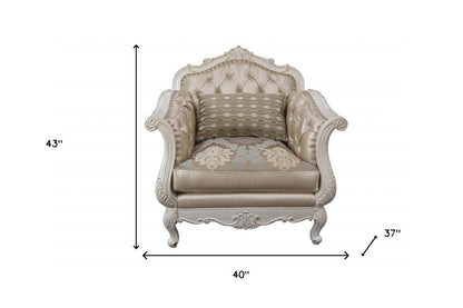 40" Beige and White Faux Leather Tufted Arm Chair And Toss Pillow