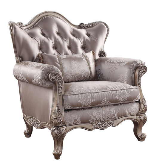 45" Champagne Fabric Floral Tufted Arm Chair And Toss Pillow