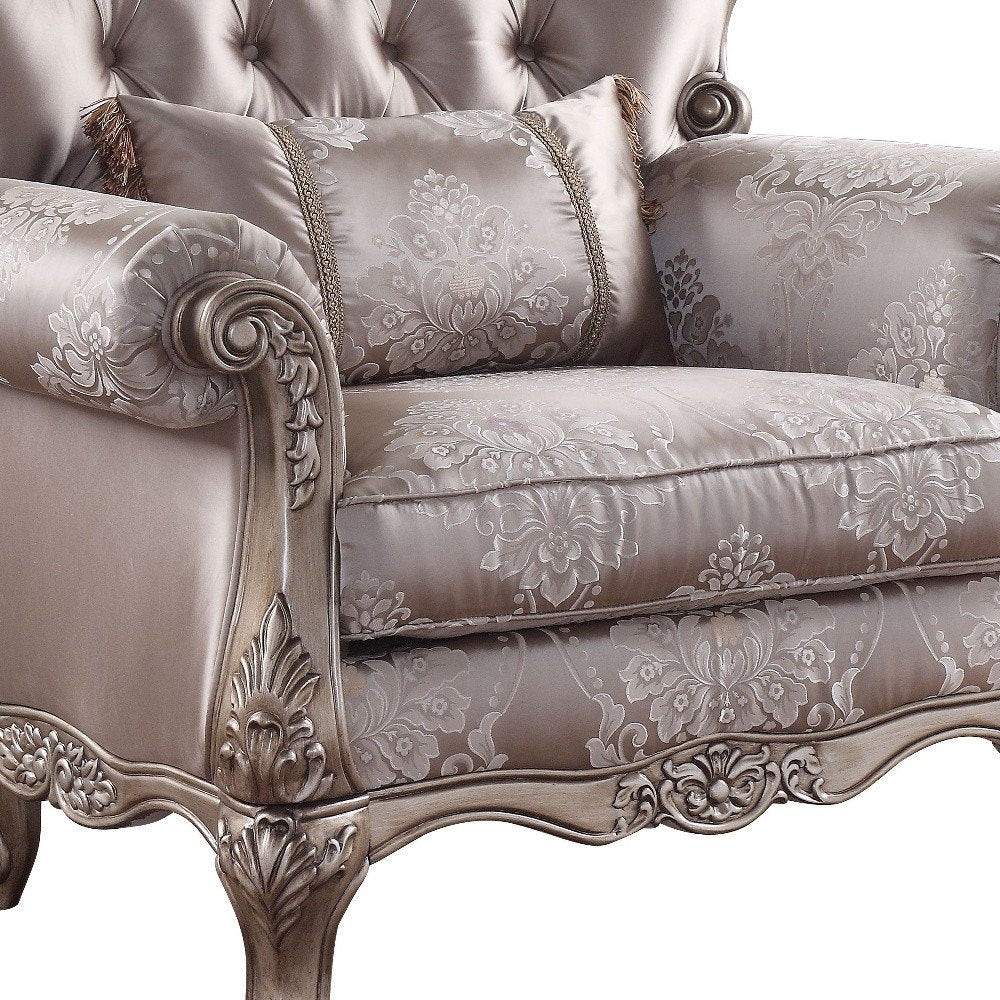 45" Champagne Fabric Floral Tufted Arm Chair And Toss Pillow