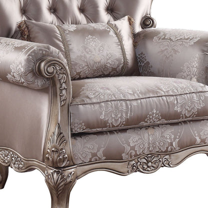 45" Champagne Fabric Floral Tufted Arm Chair And Toss Pillow