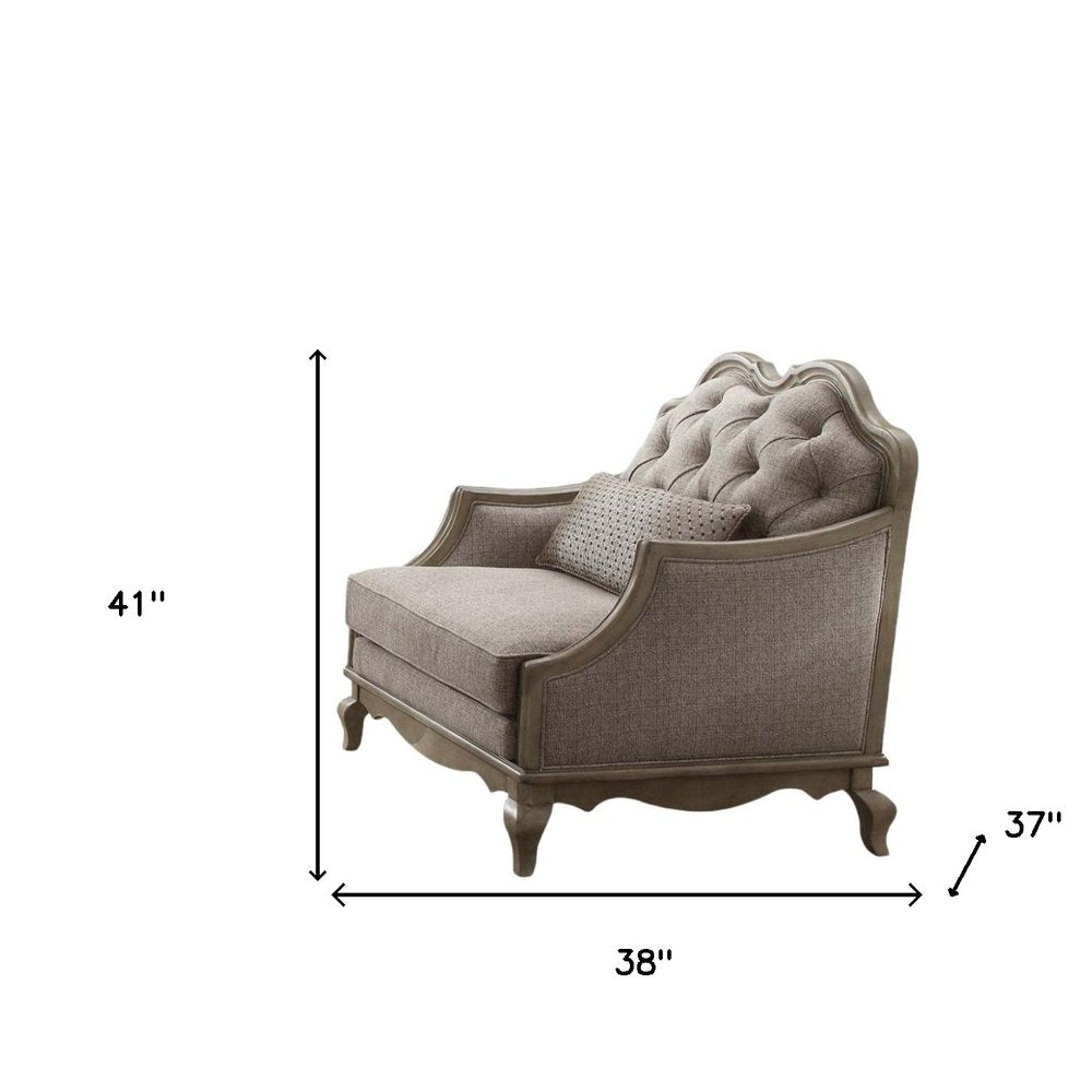 38" Beige and Taupe Fabric Tufted Chair and a Half And Toss Pillow