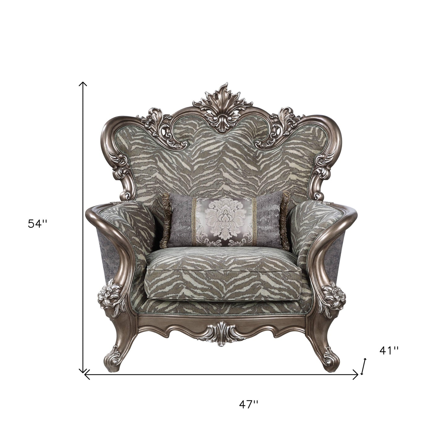 47" Gray Fabric And Antique Bronze Floral Tufted Wingback Chair