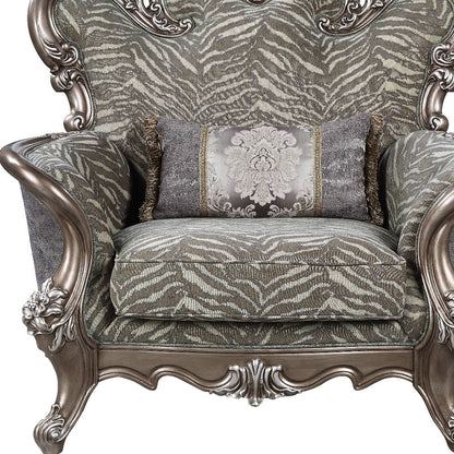 47" Gray Fabric And Antique Bronze Floral Tufted Wingback Chair