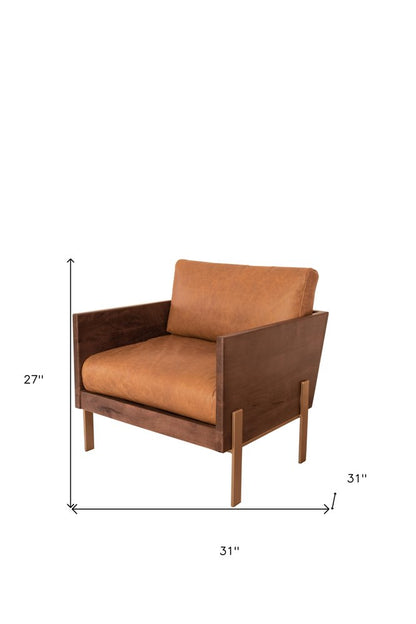 31" Brown Top Grain Leather And Solid Wood Arm Chair