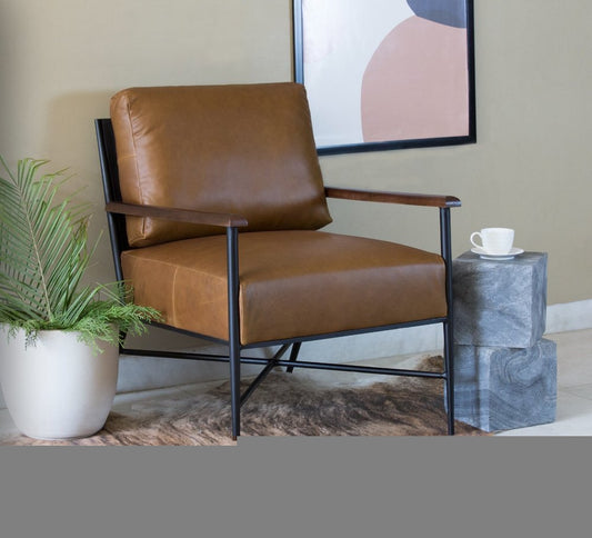 24" Brown Top Grain Leather And Black Solid Color Arm Chair