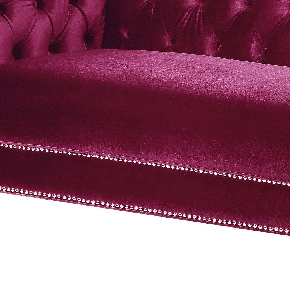 89" Burgundy Velvet Sofa And Toss Pillows With Clear Legs