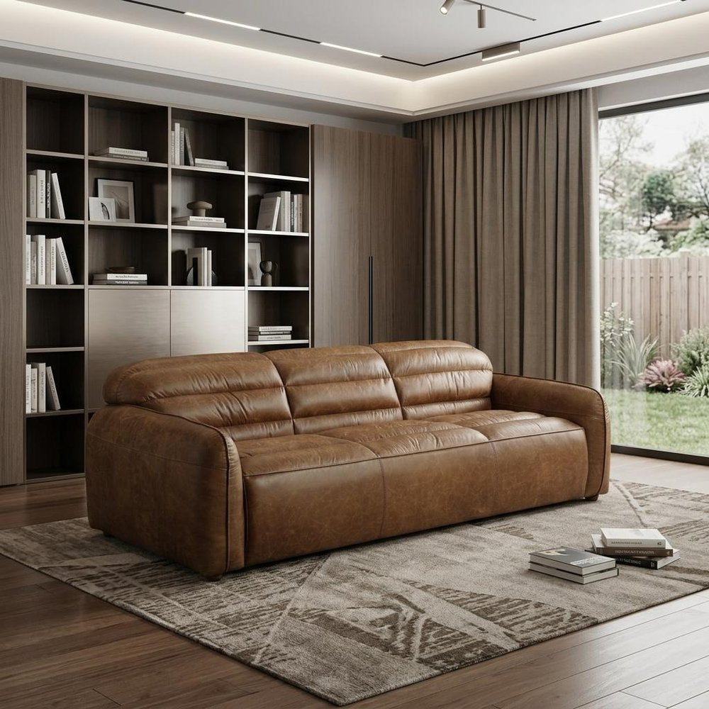 95" Dark Brown Top Grain Leather Sofa With Black Legs
