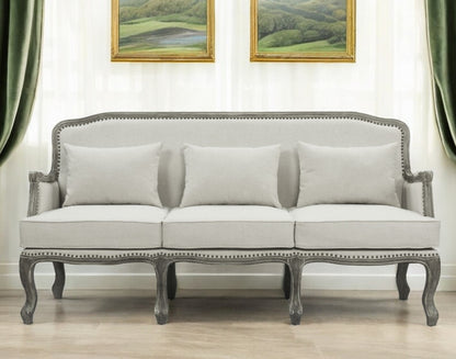 76" Cream Linen Sofa With Brown Legs