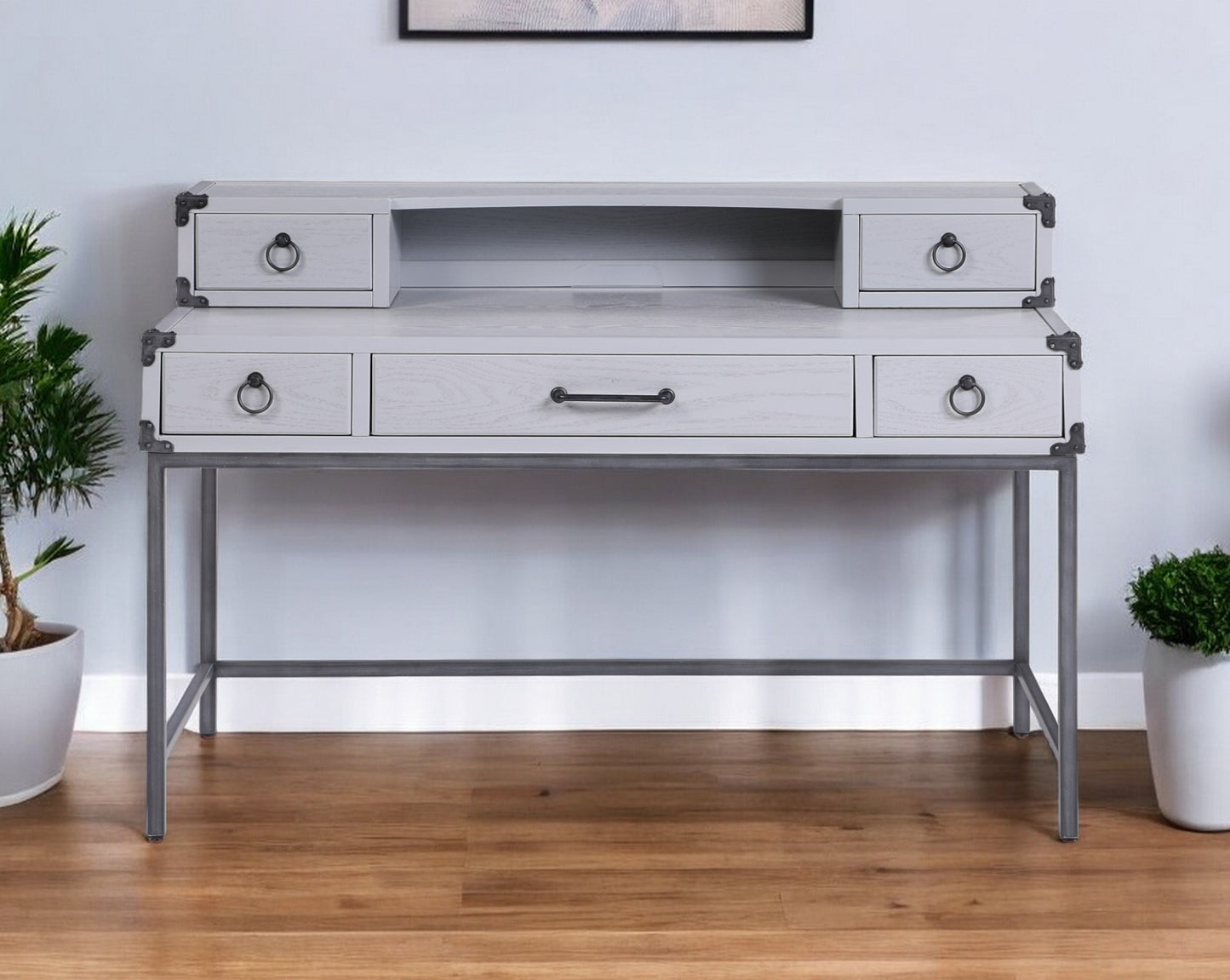 54" Gray Wood Writing Desk With Five Drawers