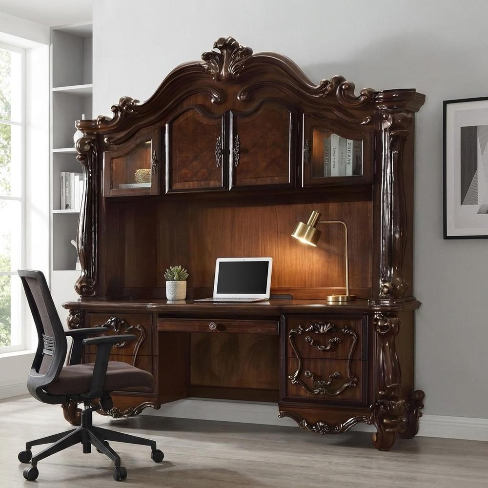 76" Dark Brown Wood Peninsula Credenza Desk With Four Cabinets Three Drawers