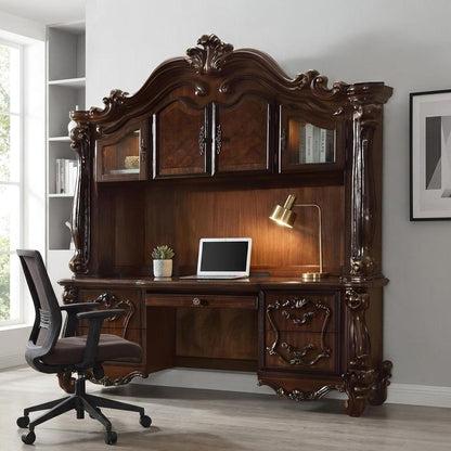 76" Dark Brown Wood Peninsula Credenza Desk With Four Cabinets Three Drawers