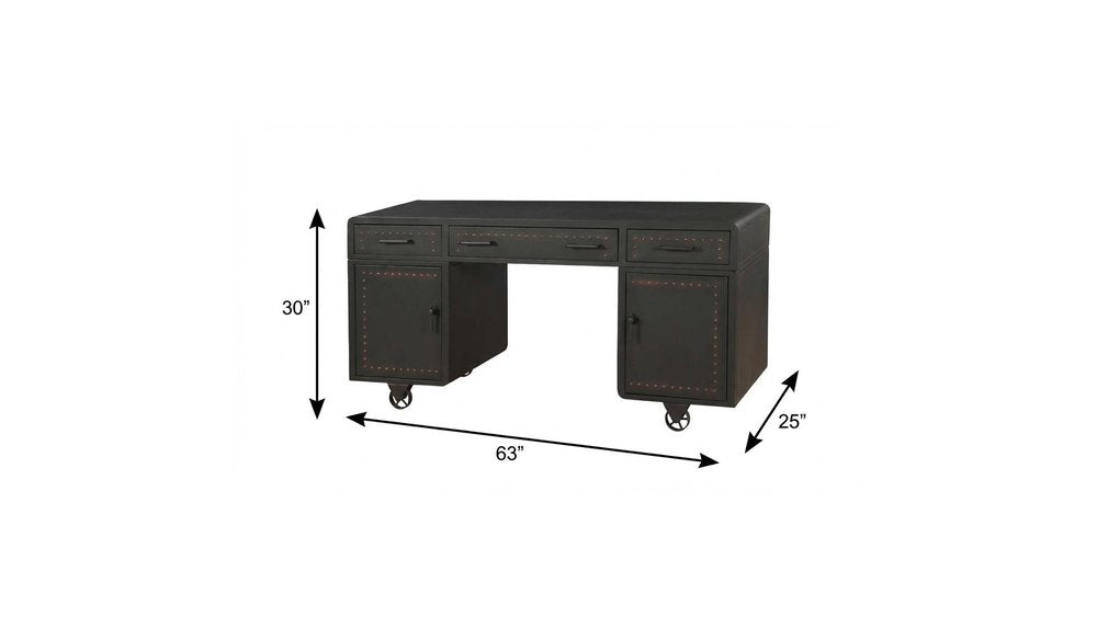 63" Gray Metal Executive Desk With Two Cabinets Three Drawers