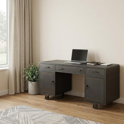 63" Gray Metal Executive Desk With Two Cabinets Three Drawers
