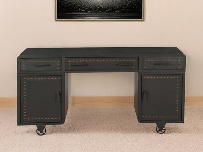 63" Gray Metal Executive Desk With Two Cabinets Three Drawers