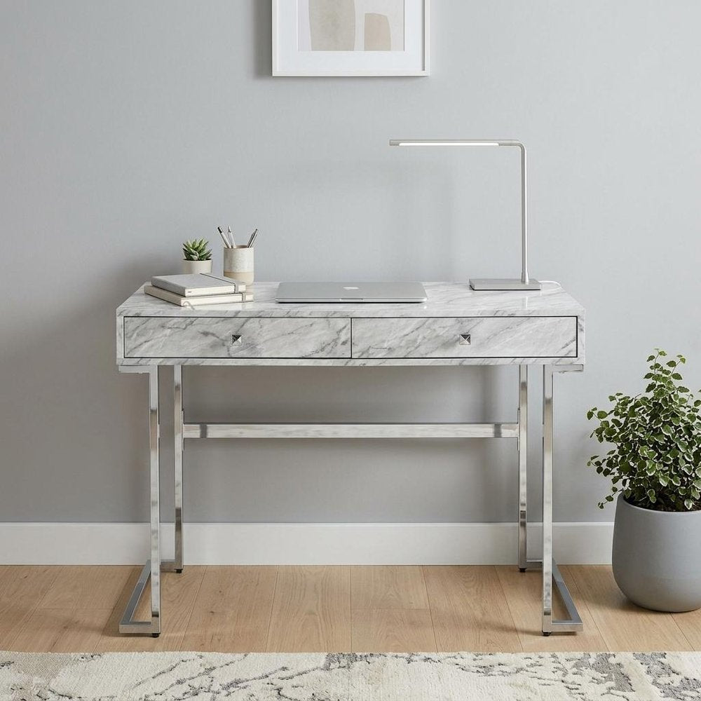 42" White Writing Desk With Two Drawers