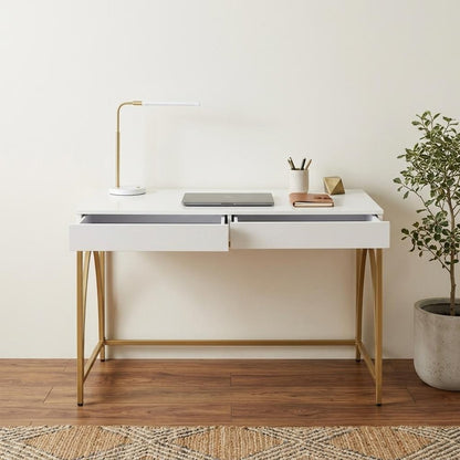 50" White and Gold Writing Desk With Two Drawers
