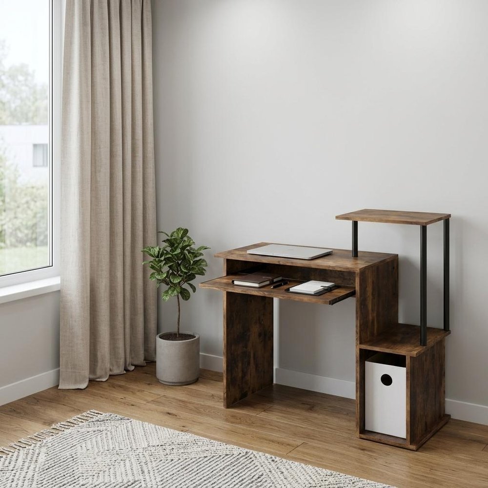37" Oak and Black Wood and Metal Computer Desk