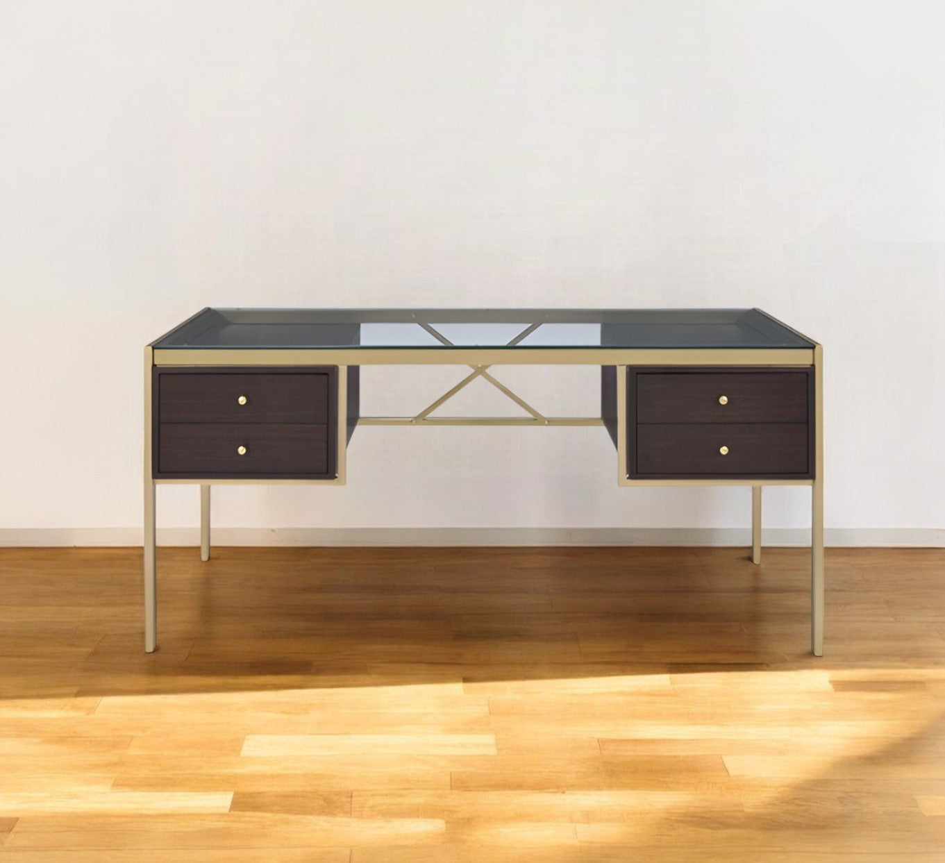 64" Clear and Gold Glass Writing Desk With Four Drawers