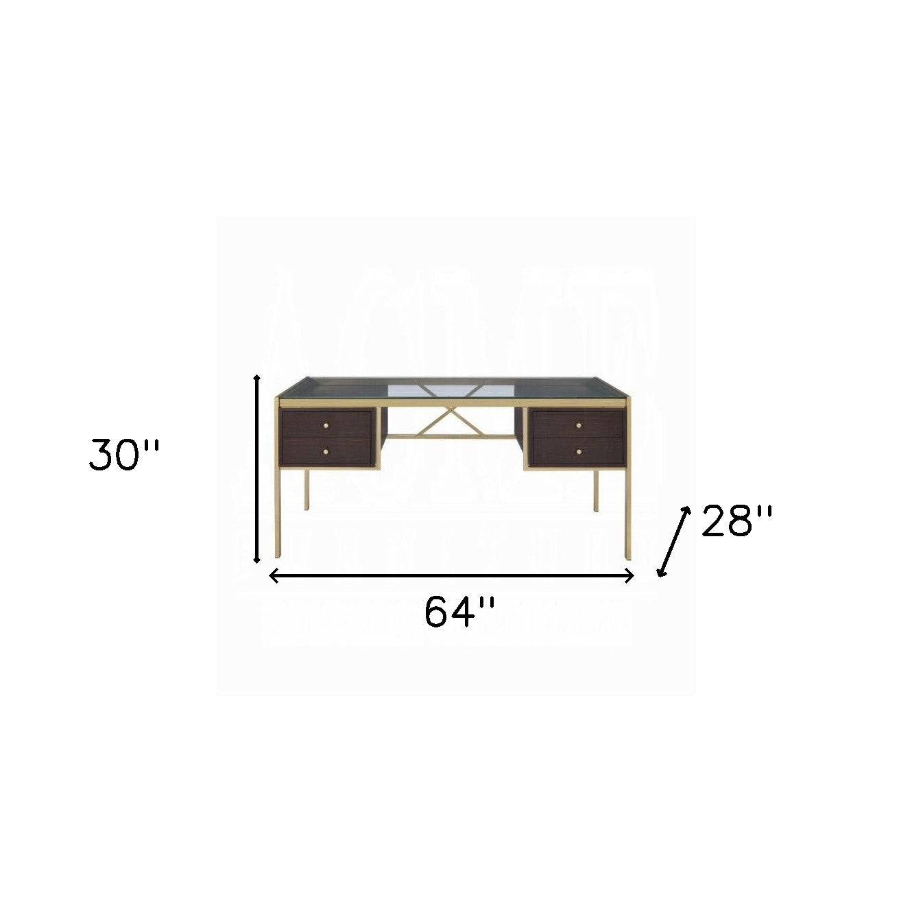 64" Clear and Gold Glass Writing Desk With Four Drawers