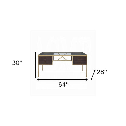 64" Clear and Gold Glass Writing Desk With Four Drawers