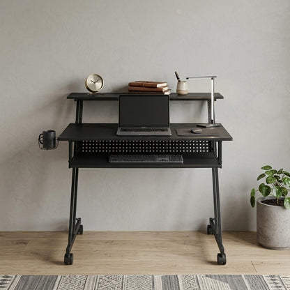 47" Black Wood and Metal Rolling Computer Desk