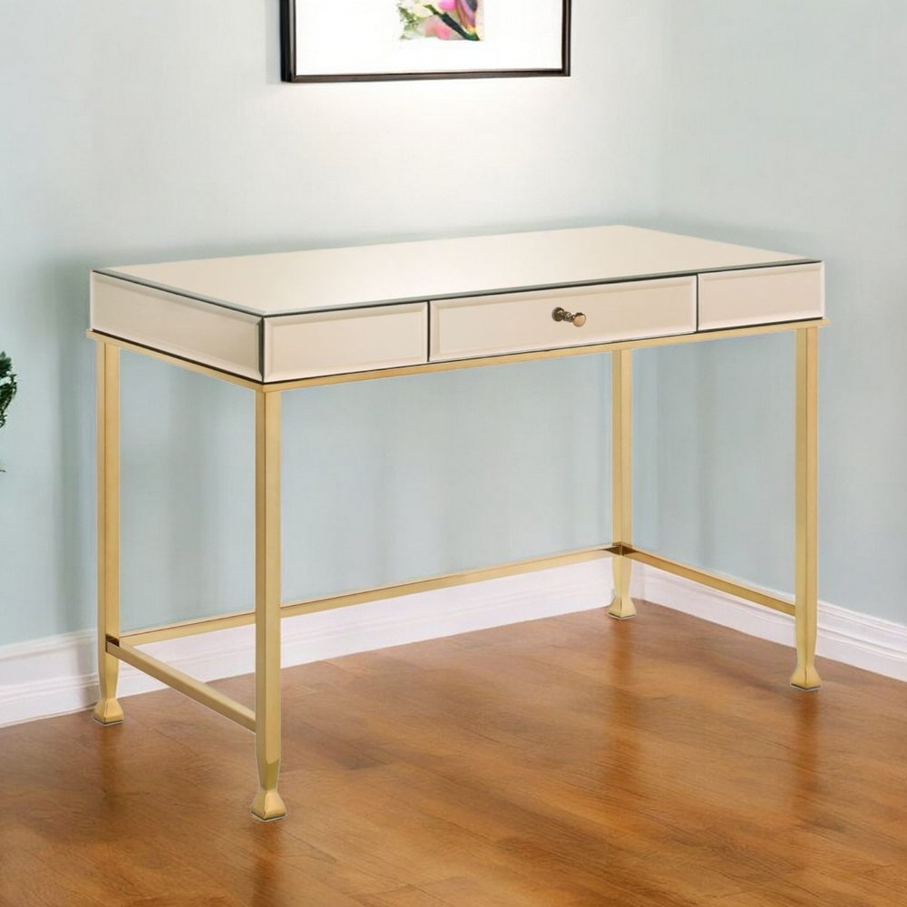 42" White and Gold Mirrored Writing Desk