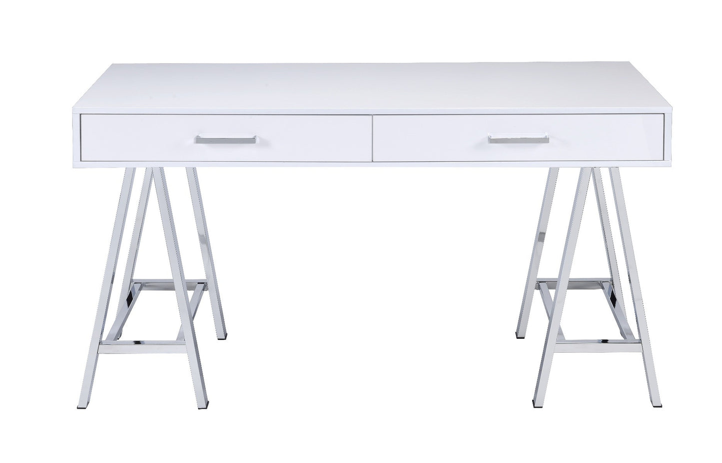 54" White and Silver Writing Desk With Two Drawers