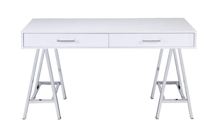 54" White and Silver Writing Desk With Two Drawers