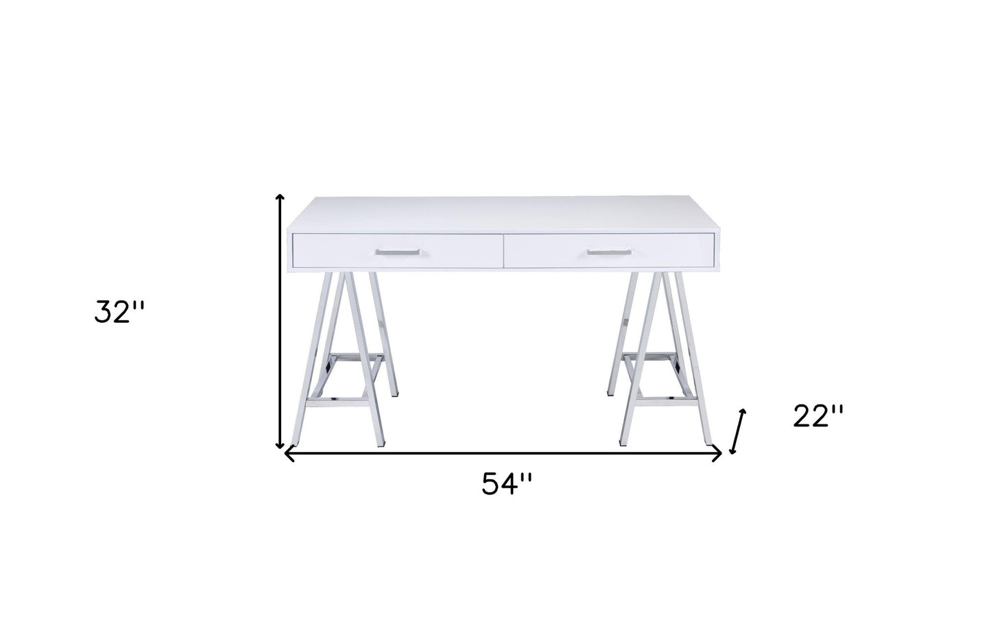 54" White and Silver Writing Desk With Two Drawers