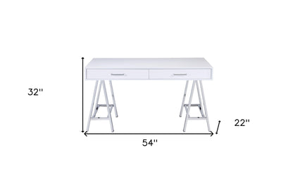 54" White and Silver Writing Desk With Two Drawers