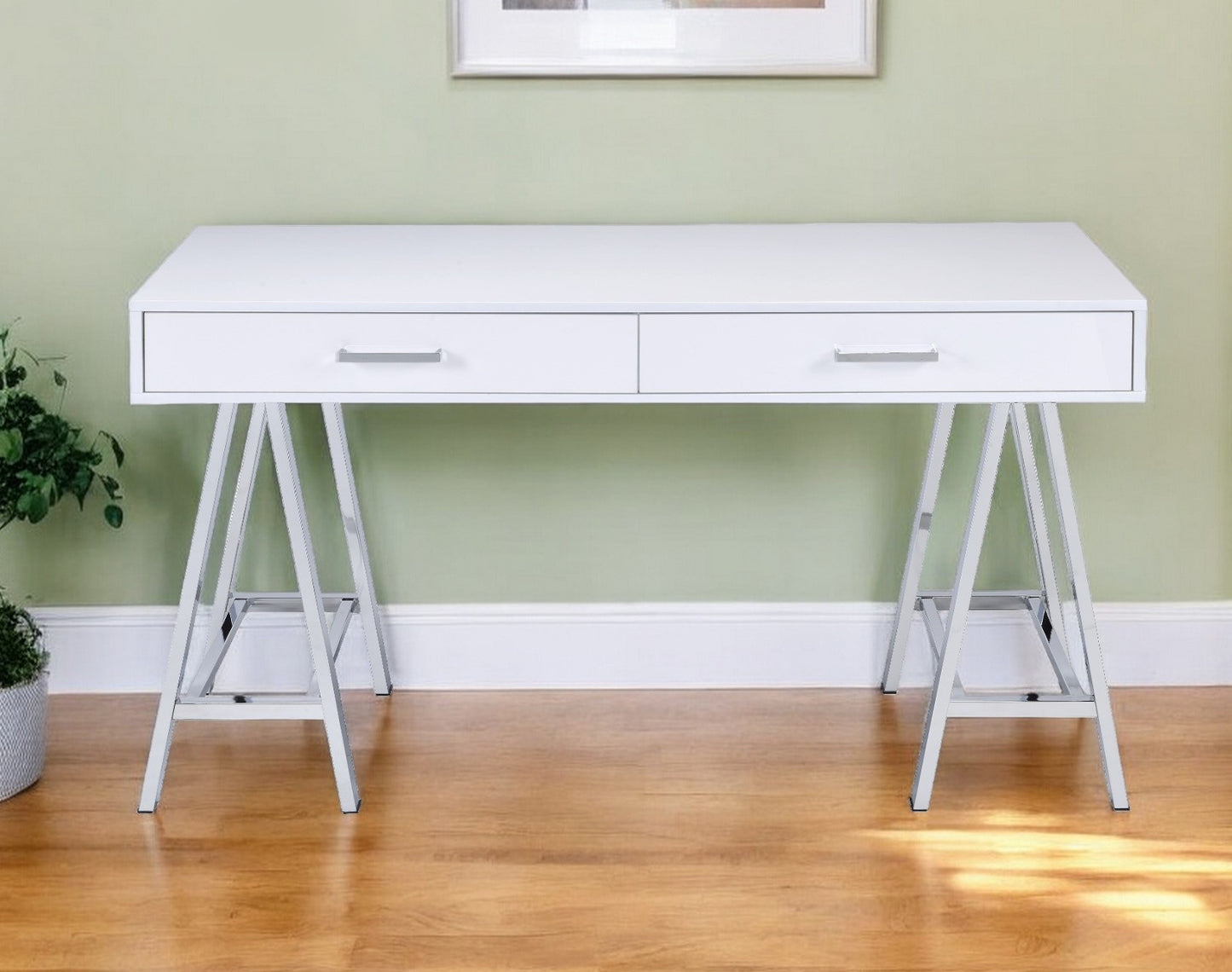 54" White and Silver Writing Desk With Two Drawers