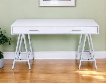 54" White and Silver Writing Desk With Two Drawers