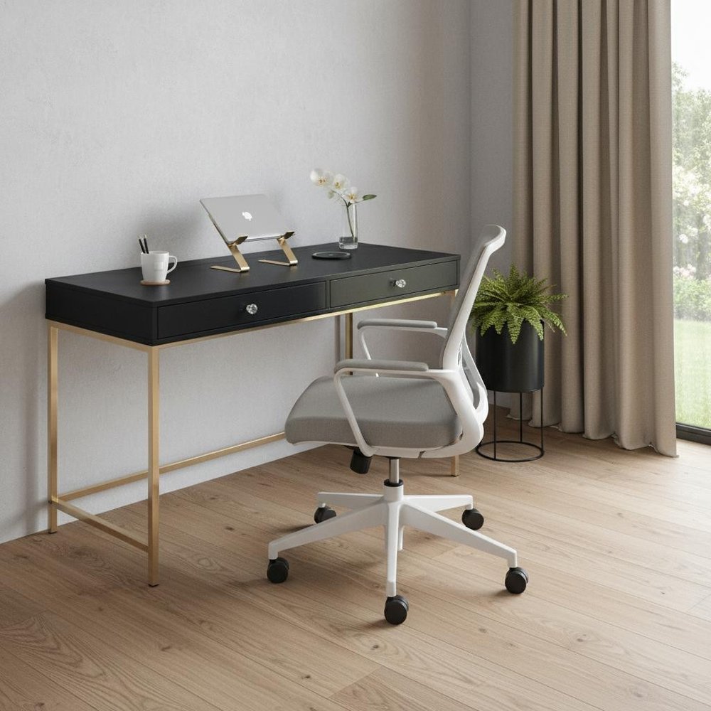 47" Black and Gold Writing Desk With Two Drawers