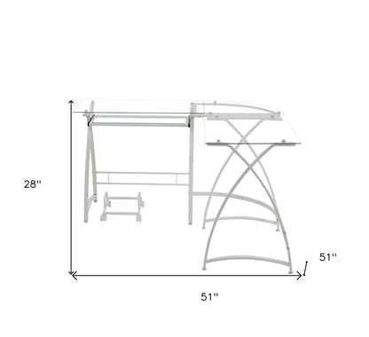 51" Clear and White Glass L Shape Computer Desk