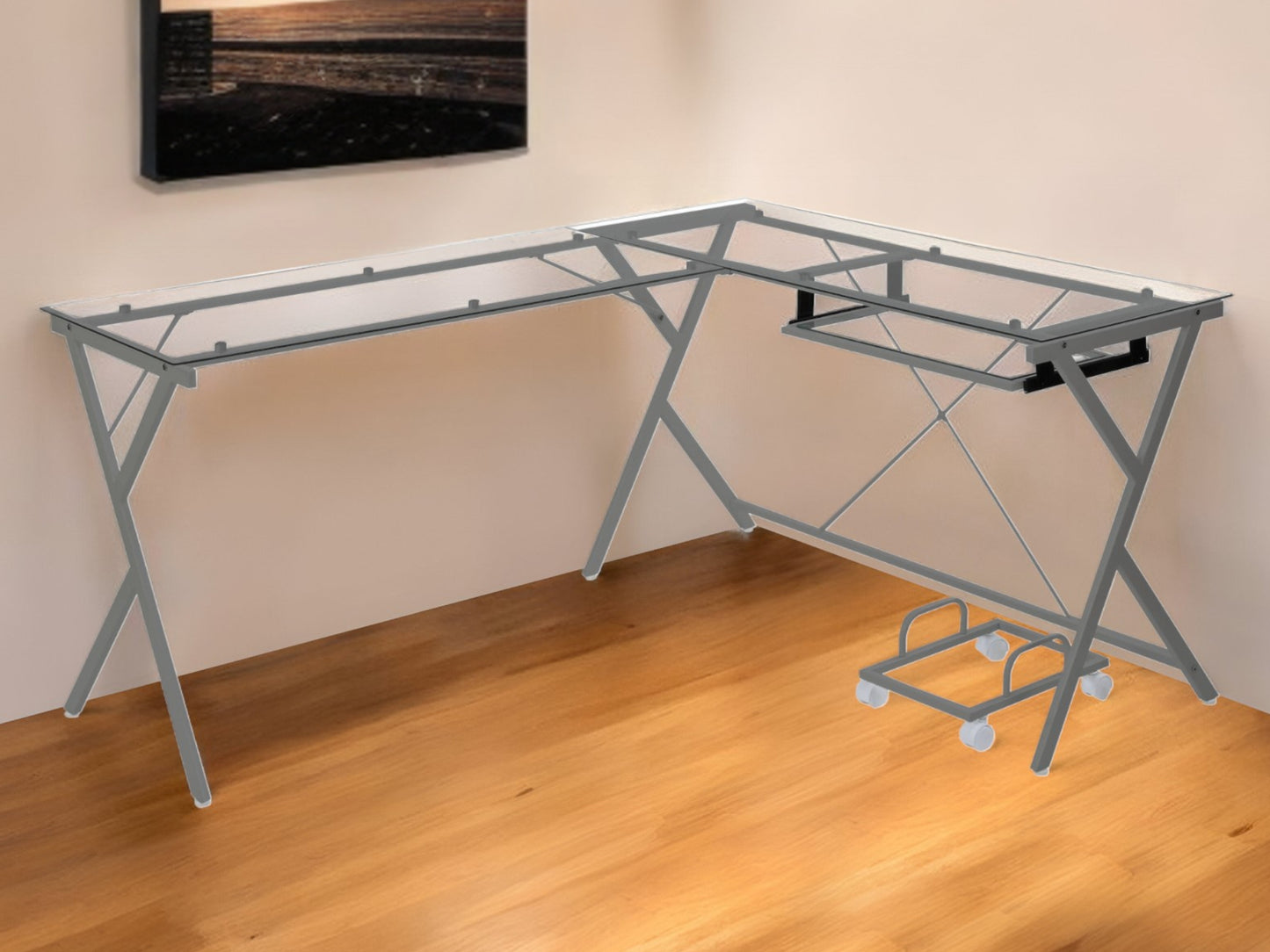 62" Clear and Gray Glass L Shape Computer Desk