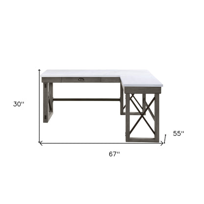 67" White and Gray Marble L Shape Writing Desk