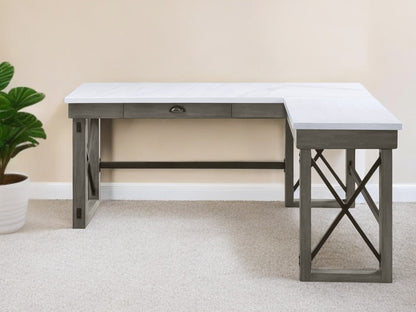 67" White and Gray Marble L Shape Writing Desk