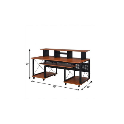 72" Brown and Black Wood and Metal Rolling Computer Desk