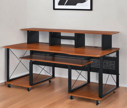 72" Brown and Black Wood and Metal Rolling Computer Desk