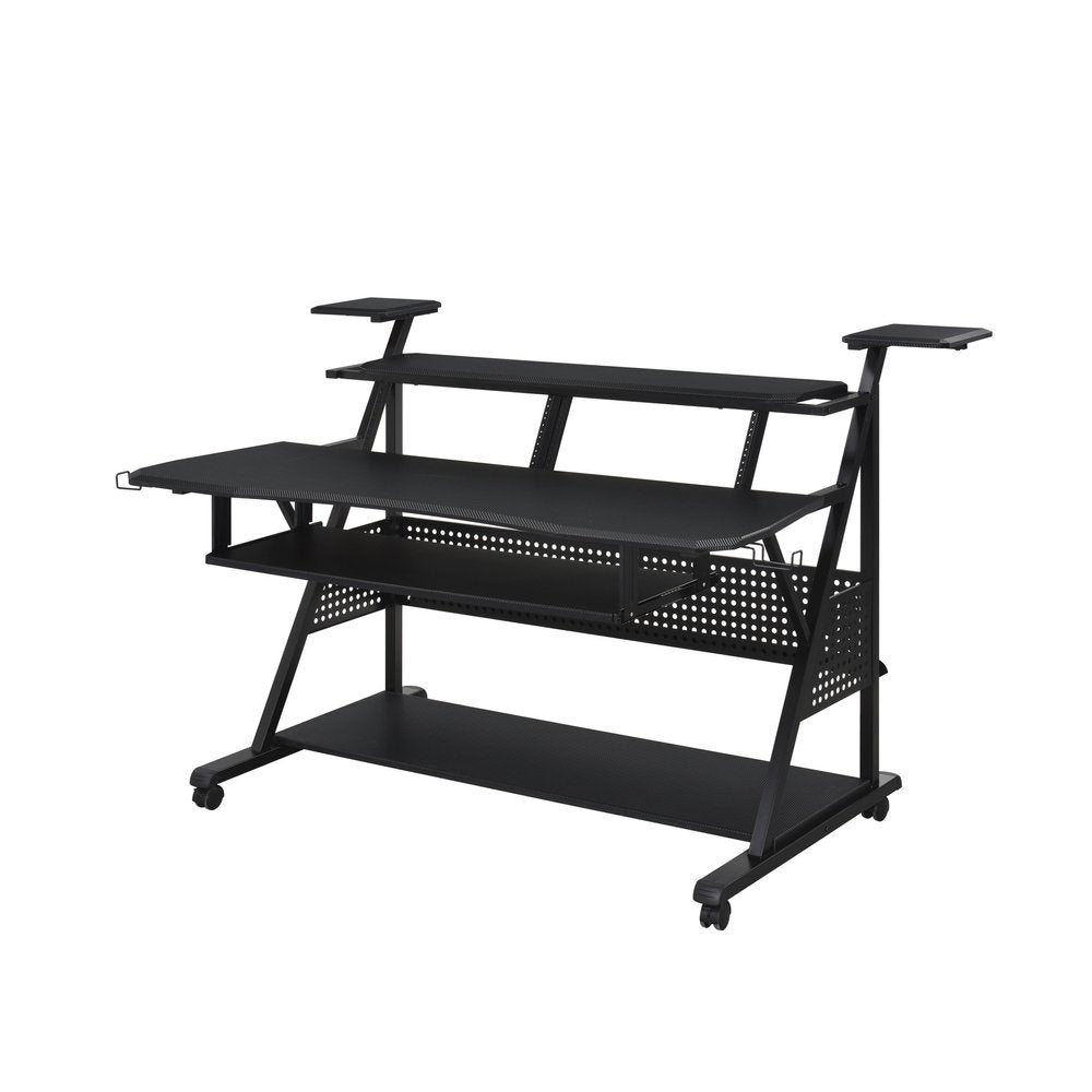 67" Black Wood and Metal Rolling Computer Desk