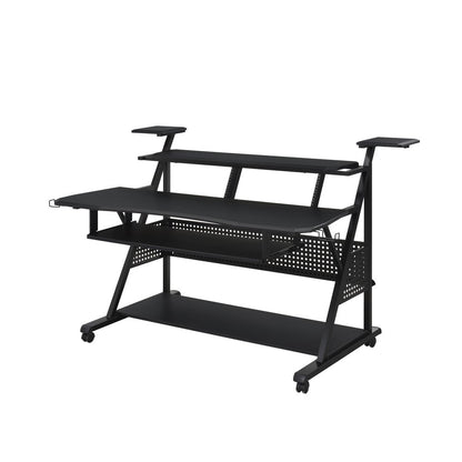67" Black Wood and Metal Rolling Computer Desk