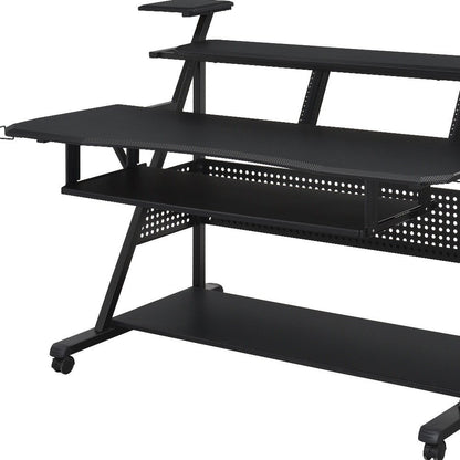 67" Black Wood and Metal Rolling Computer Desk