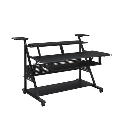 67" Black Wood and Metal Rolling Computer Desk